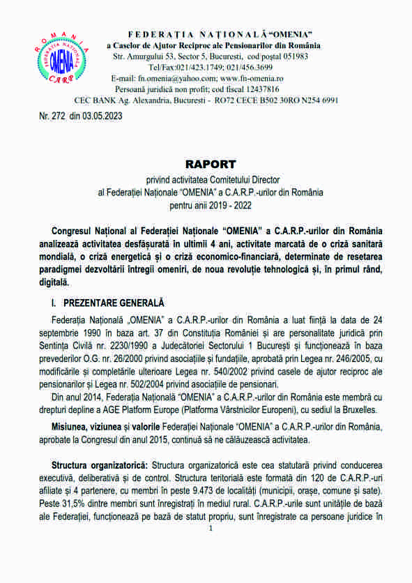RAPORT privind activitatea Comitetului Director al Federației Naționale "OMENIA" a C.A.R.P.-urilor din România pentru anii 2019 - 2022
